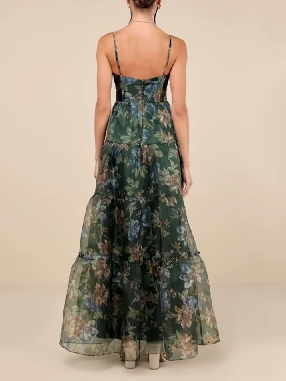 Dark Green Vintage Floral Print Tiered Cami Maxi Dress Flowy Mesh Fairy Vacation - Picture 4 of 4